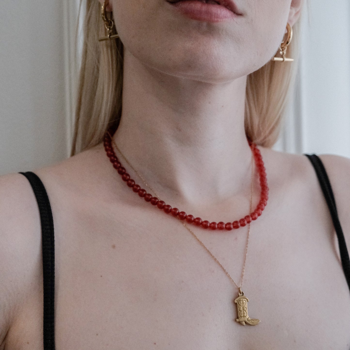 Red Jade Beaded Necklace Red/Gold