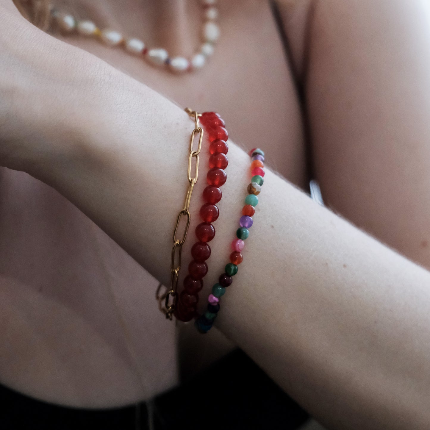 Red Jade Beaded Bracelet Red/Gold