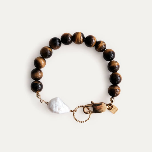 Lara Beaded Tiger Eye Bracelet With A Keshi Pearl Gold