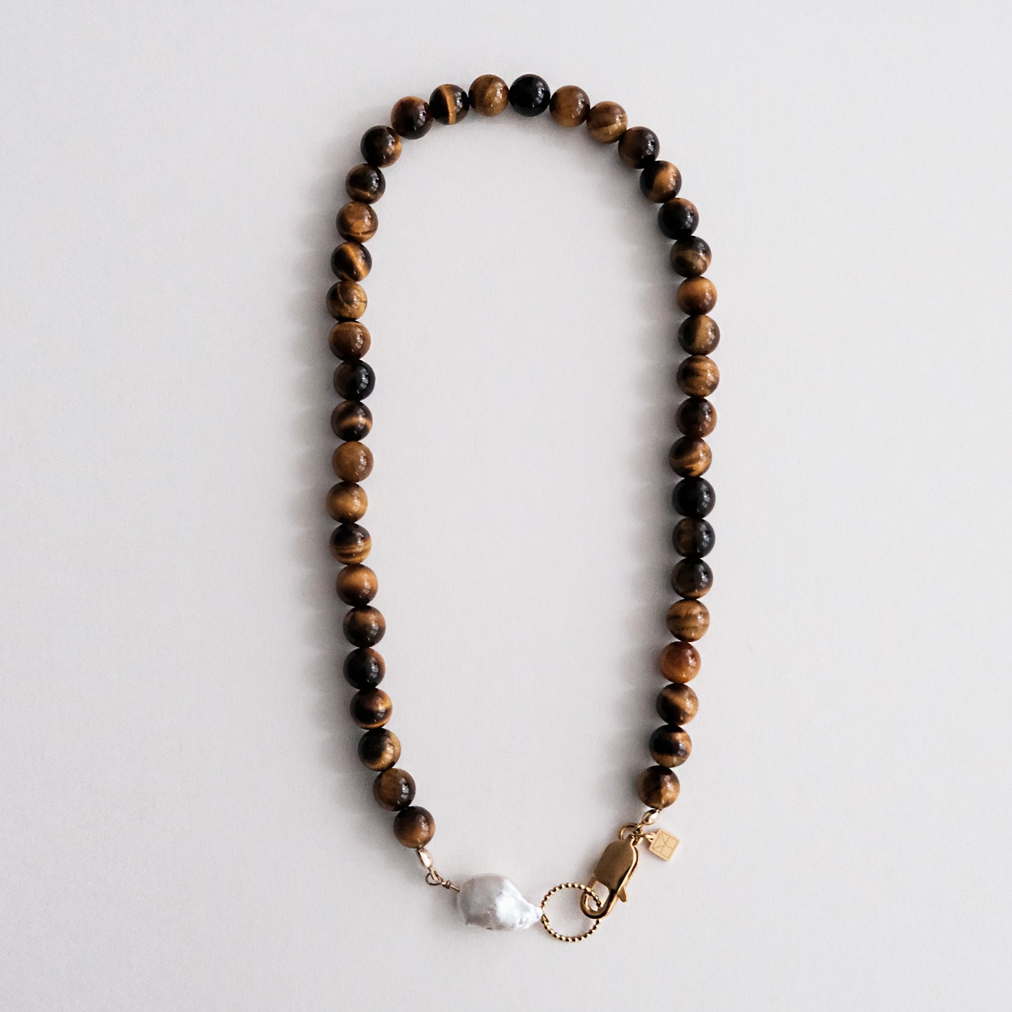 Lara Beaded Tiger Eye Necklace With A Keshi Pearl Gold