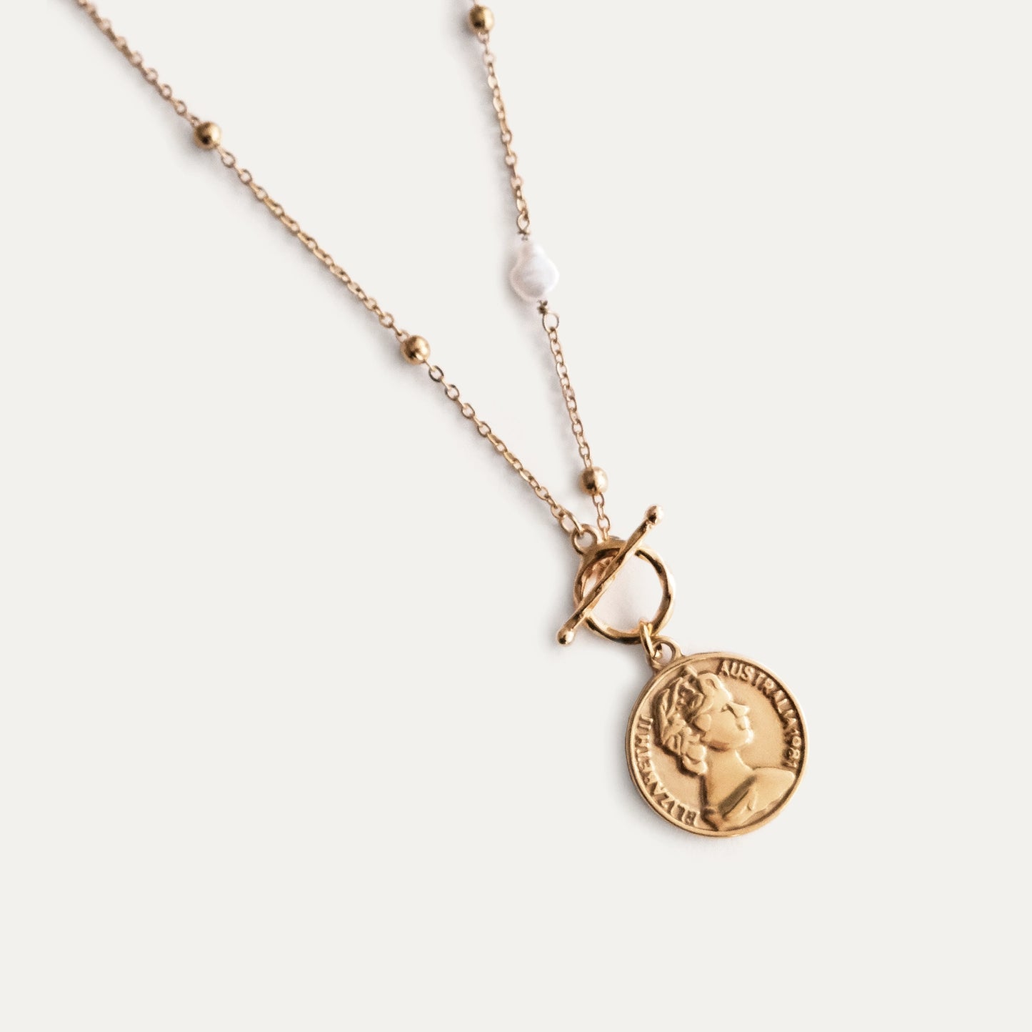 Elizabeth Coin Necklace with a Baroque Pearl Gold