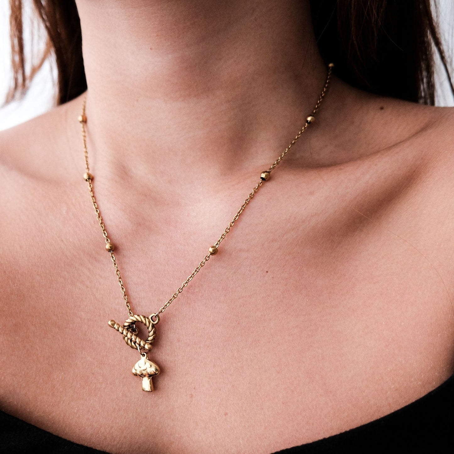 Mushroom Ball Chain Necklace with Toggle&Bar Gold - HYE STUDIO